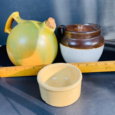 LOT 135: Vintage Small Roseville Crock #346, Art Deco Ceramic Jug with Cork and Stoneware Bean Pot with Lid