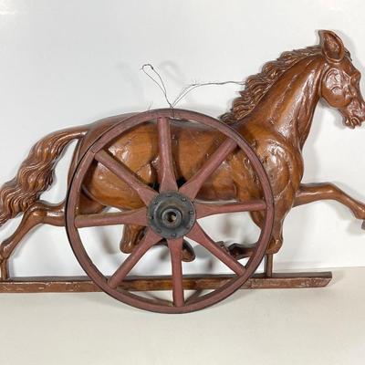LOT 140: Vintage Syroco Inc Plastic Hanging Horse, Small Wood / Metal Wagon Wheel and Primitive Ice Tpmgs