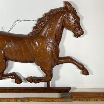 LOT 140: Vintage Syroco Inc Plastic Hanging Horse, Small Wood / Metal Wagon Wheel and Primitive Ice Tpmgs