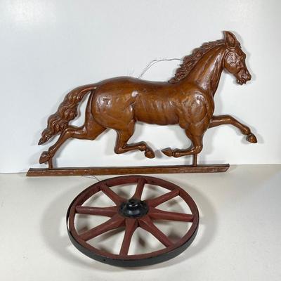 LOT 140: Vintage Syroco Inc Plastic Hanging Horse, Small Wood / Metal Wagon Wheel and Primitive Ice Tpmgs
