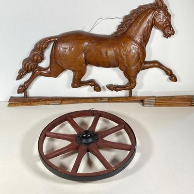 LOT 140: Vintage Syroco Inc Plastic Hanging Horse, Small Wood / Metal Wagon Wheel and Primitive Ice Tpmgs