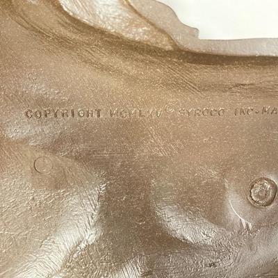 LOT 140: Vintage Syroco Inc Plastic Hanging Horse, Small Wood / Metal Wagon Wheel and Primitive Ice Tpmgs