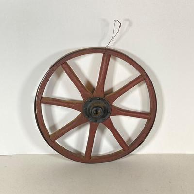 LOT 140: Vintage Syroco Inc Plastic Hanging Horse, Small Wood / Metal Wagon Wheel and Primitive Ice Tpmgs