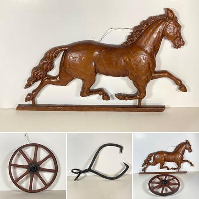 LOT 140: Vintage Syroco Inc Plastic Hanging Horse, Small Wood / Metal Wagon Wheel and Primitive Ice Tpmgs