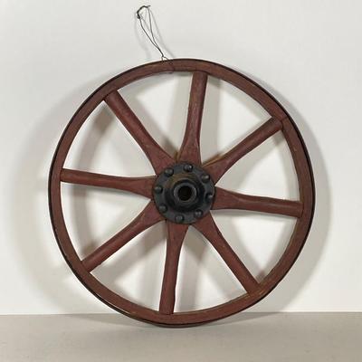 LOT 140: Vintage Syroco Inc Plastic Hanging Horse, Small Wood / Metal Wagon Wheel and Primitive Ice Tpmgs