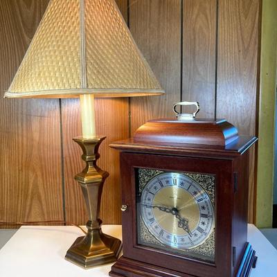 LOT 141: Vintage Bradford Highland S-9 Mantle Clock and Brass Table Lamp