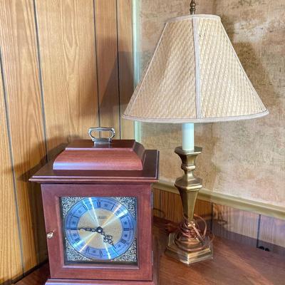 LOT 141: Vintage Bradford Highland S-9 Mantle Clock and Brass Table Lamp