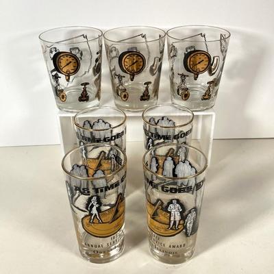 LOT 145: Seven MCM Black and Gold Drinking Glasses - 1972 "As Time Goes By" Annual Service Awards Owen-Illinois and More