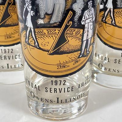 LOT 145: Seven MCM Black and Gold Drinking Glasses - 1972 "As Time Goes By" Annual Service Awards Owen-Illinois and More