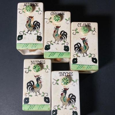 LOT 148: Vintage Japan Rooster Ceramic Spice Jar Set with Vinegar and Oil Bottles