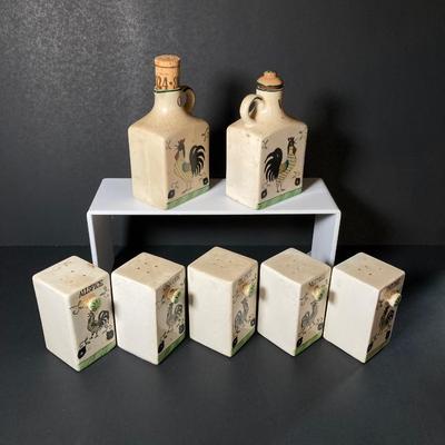 LOT 148: Vintage Japan Rooster Ceramic Spice Jar Set with Vinegar and Oil Bottles