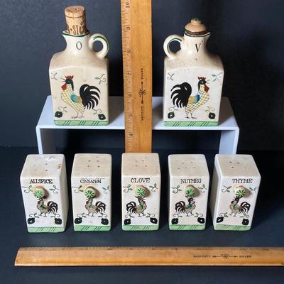 LOT 148: Vintage Japan Rooster Ceramic Spice Jar Set with Vinegar and Oil Bottles