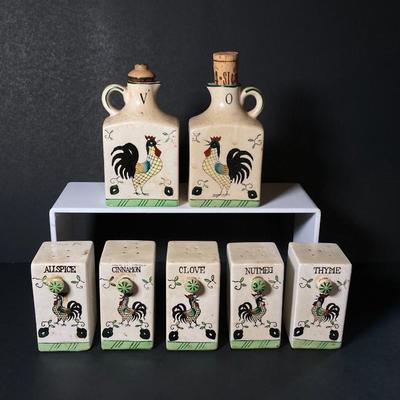 LOT 148: Vintage Japan Rooster Ceramic Spice Jar Set with Vinegar and Oil Bottles