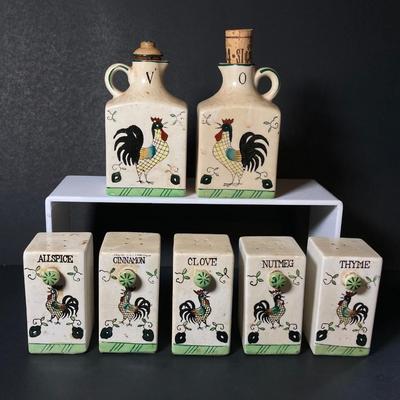 LOT 148: Vintage Japan Rooster Ceramic Spice Jar Set with Vinegar and Oil Bottles