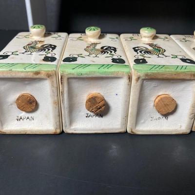 LOT 148: Vintage Japan Rooster Ceramic Spice Jar Set with Vinegar and Oil Bottles