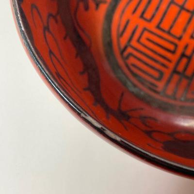 LOT 150: Antique / Vintage Asian Red / Coral and Black Dragon Themed Dinnerware Set