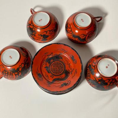 LOT 150: Antique / Vintage Asian Red / Coral and Black Dragon Themed Dinnerware Set