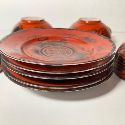 LOT 150: Antique / Vintage Asian Red / Coral and Black Dragon Themed Dinnerware Set