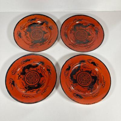 LOT 150: Antique / Vintage Asian Red / Coral and Black Dragon Themed Dinnerware Set