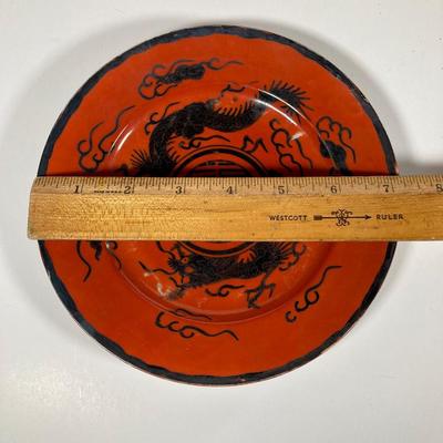 LOT 150: Antique / Vintage Asian Red / Coral and Black Dragon Themed Dinnerware Set