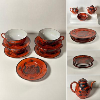 LOT 150: Antique / Vintage Asian Red / Coral and Black Dragon Themed Dinnerware Set