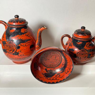 LOT 150: Antique / Vintage Asian Red / Coral and Black Dragon Themed Dinnerware Set