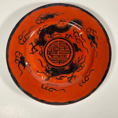LOT 150: Antique / Vintage Asian Red / Coral and Black Dragon Themed Dinnerware Set