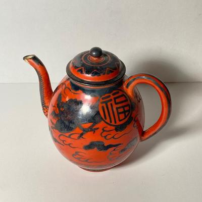 LOT 150: Antique / Vintage Asian Red / Coral and Black Dragon Themed Dinnerware Set