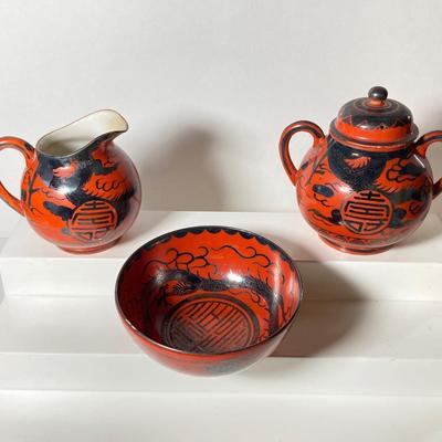 LOT 150: Antique / Vintage Asian Red / Coral and Black Dragon Themed Dinnerware Set