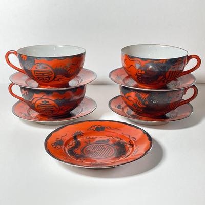 LOT 150: Antique / Vintage Asian Red / Coral and Black Dragon Themed Dinnerware Set