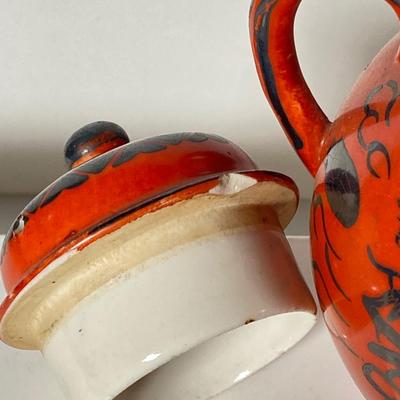 LOT 150: Antique / Vintage Asian Red / Coral and Black Dragon Themed Dinnerware Set