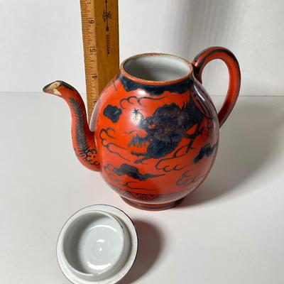 LOT 150: Antique / Vintage Asian Red / Coral and Black Dragon Themed Dinnerware Set