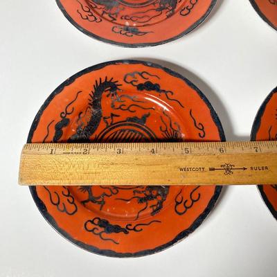 LOT 150: Antique / Vintage Asian Red / Coral and Black Dragon Themed Dinnerware Set