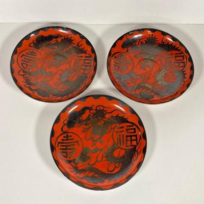 LOT 150: Antique / Vintage Asian Red / Coral and Black Dragon Themed Dinnerware Set