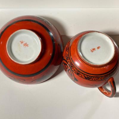 LOT 150: Antique / Vintage Asian Red / Coral and Black Dragon Themed Dinnerware Set