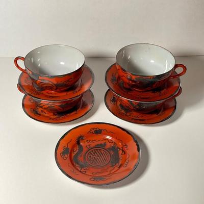 LOT 150: Antique / Vintage Asian Red / Coral and Black Dragon Themed Dinnerware Set