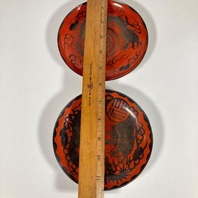 LOT 150: Antique / Vintage Asian Red / Coral and Black Dragon Themed Dinnerware Set