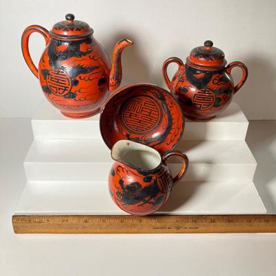 LOT 150: Antique / Vintage Asian Red / Coral and Black Dragon Themed Dinnerware Set