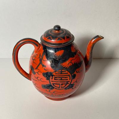 LOT 150: Antique / Vintage Asian Red / Coral and Black Dragon Themed Dinnerware Set