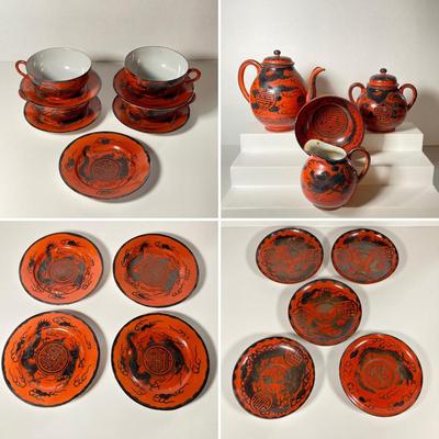 LOT 150: Antique / Vintage Asian Red / Coral and Black Dragon Themed Dinnerware Set