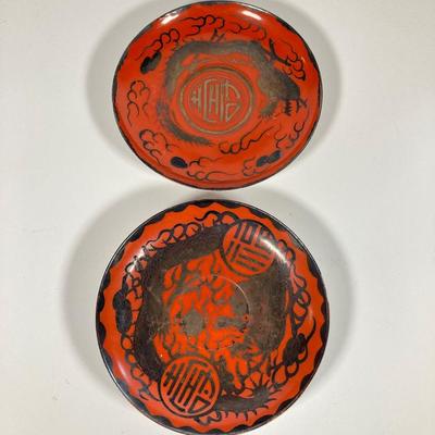 LOT 150: Antique / Vintage Asian Red / Coral and Black Dragon Themed Dinnerware Set