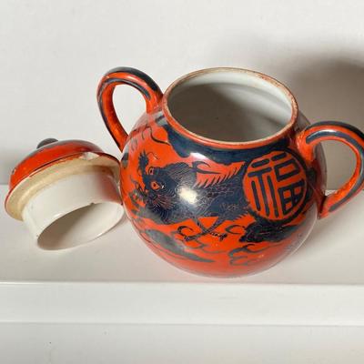 LOT 150: Antique / Vintage Asian Red / Coral and Black Dragon Themed Dinnerware Set