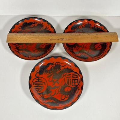 LOT 150: Antique / Vintage Asian Red / Coral and Black Dragon Themed Dinnerware Set