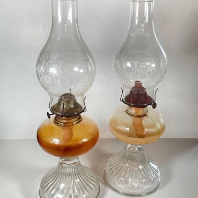 LOT 151: Pair of Vintage Tall Glass Oil Lamps