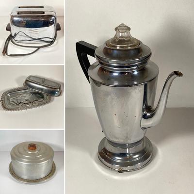 LOT 152: Vintage General Electric Toaster, Manning - Bowman Coffee Percolator, Butter Dish and West Bend Aluminum Cake Serving Tray