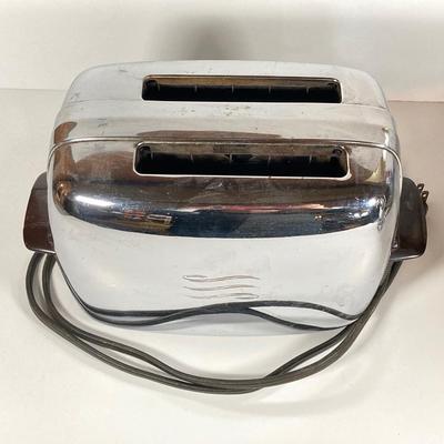 LOT 152: Vintage General Electric Toaster, Manning - Bowman Coffee Percolator, Butter Dish and West Bend Aluminum Cake Serving Tray