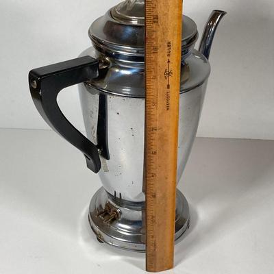 LOT 152: Vintage General Electric Toaster, Manning - Bowman Coffee Percolator, Butter Dish and West Bend Aluminum Cake Serving Tray