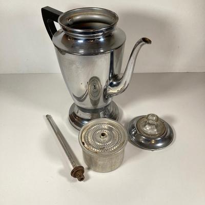 LOT 152: Vintage General Electric Toaster, Manning - Bowman Coffee Percolator, Butter Dish and West Bend Aluminum Cake Serving Tray