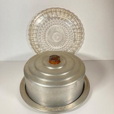LOT 152: Vintage General Electric Toaster, Manning - Bowman Coffee Percolator, Butter Dish and West Bend Aluminum Cake Serving Tray