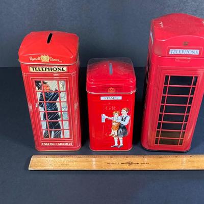 LOT 158: Vintage Telephone Message Center, Bates Cavalier List Finder and Three Telephone Bank / Tins